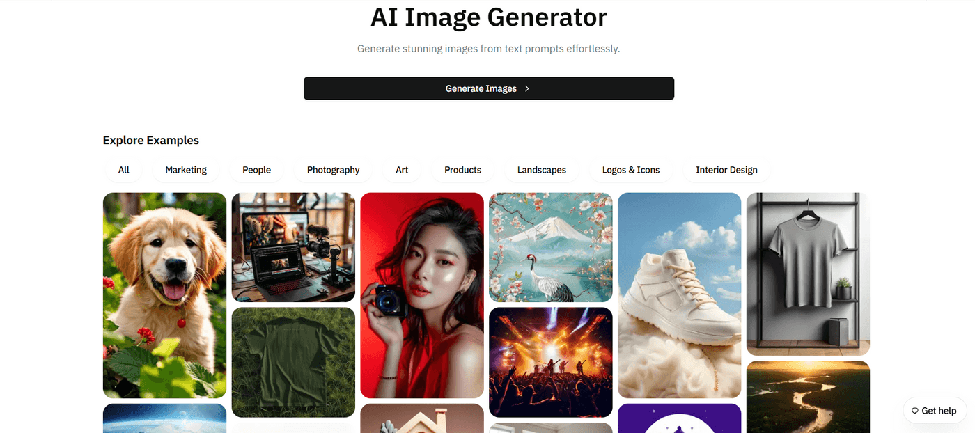 AI Image Generator page displaying categories and examples of AI-generated images from text prompts.