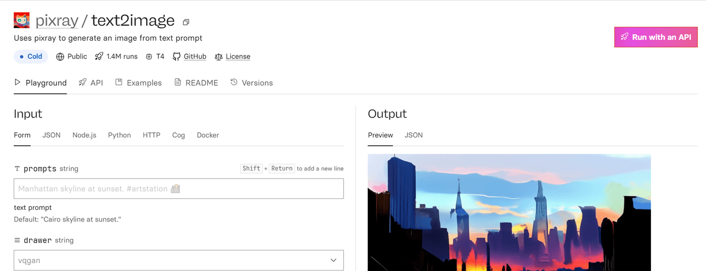 Pixray text-to-image tool generating an AI-rendered Manhattan skyline at sunset from a prompt.