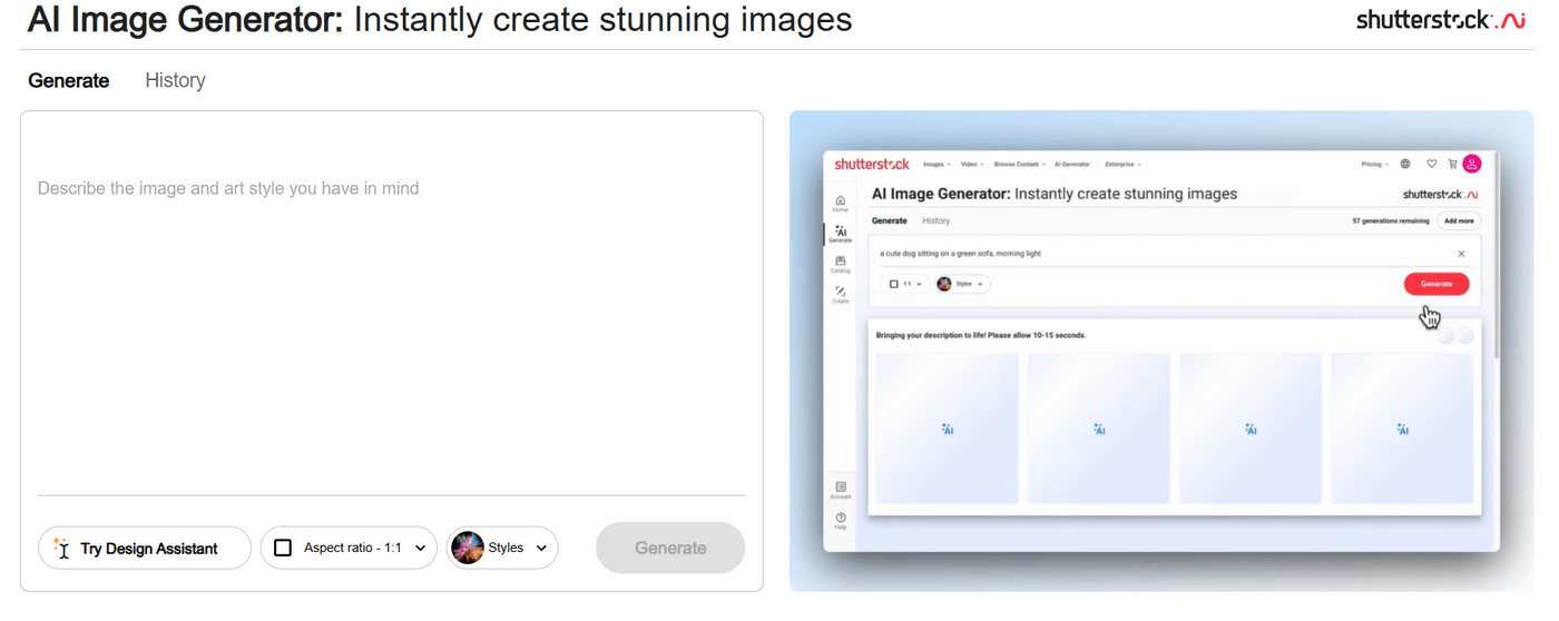 Shutterstock AI Image Generator interface with a text prompt box and generate button for AI images.