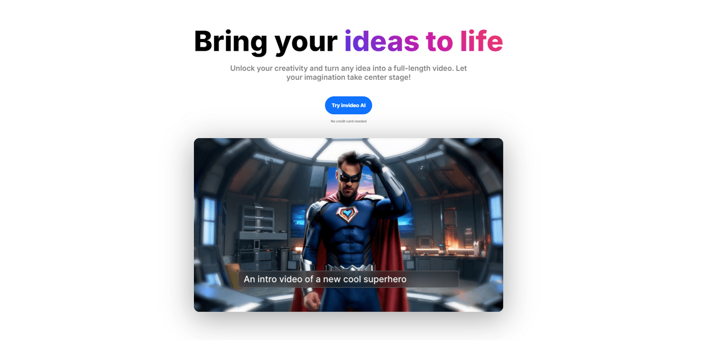 Invideo AI page showcasing AI-generated superhero video with a ‘Try InVideo AI’ button.