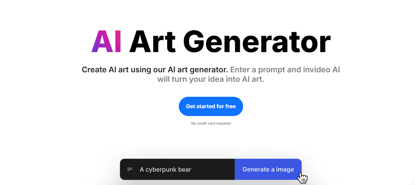 Invideo AI Art Generator shows a prompt box and button to generate AI-created images easily.