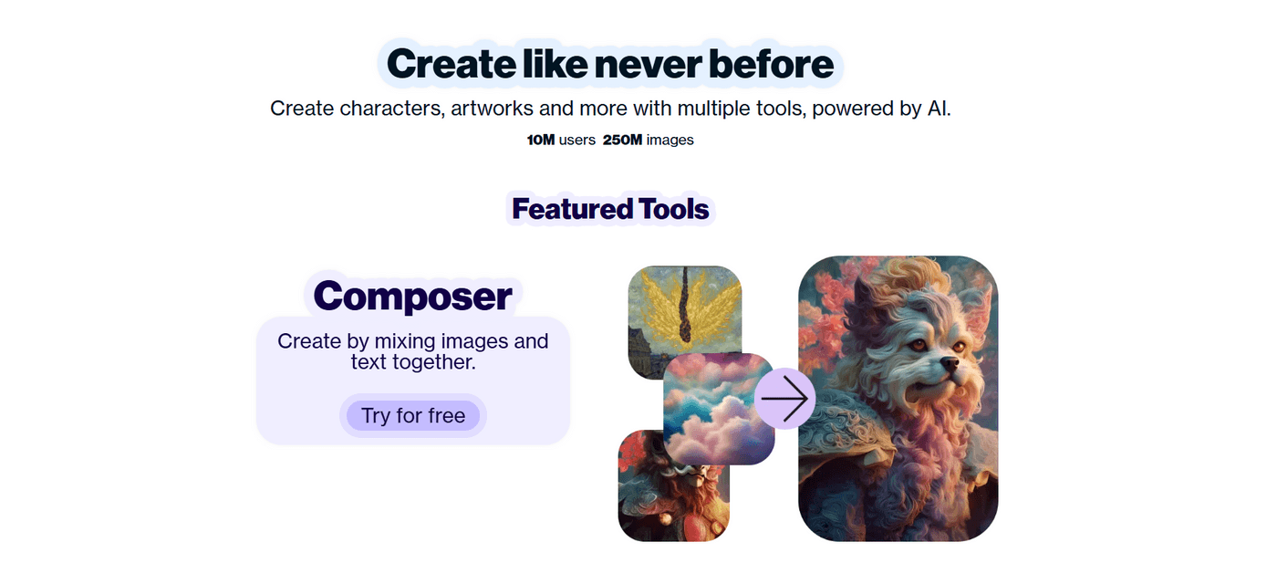 AI-powered image creation tool showcasing a ‘Composer’ feature for mixing images and text.