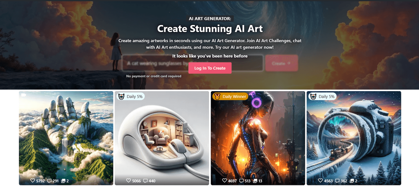 AI Art Generator page showcasing AI-generated artworks, user challenges, and a login to create button.