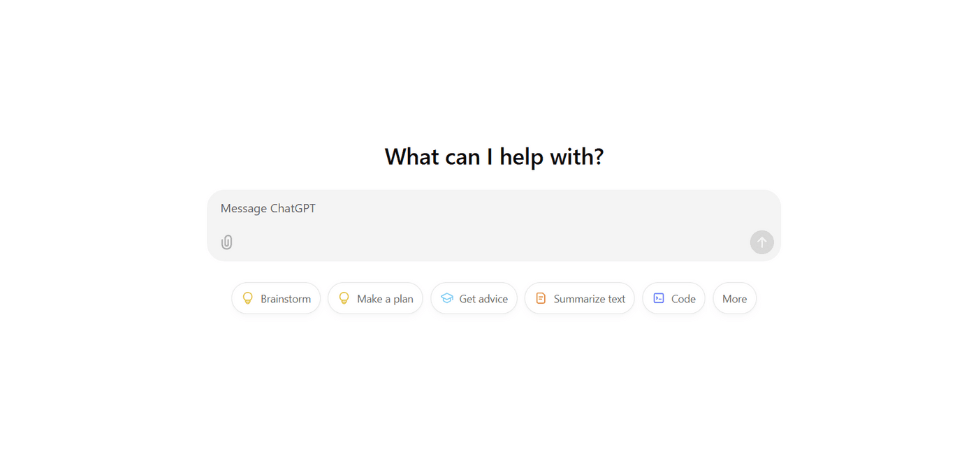 ChatGPT interface with a message input box and quick action buttons for brainstorming and advice.