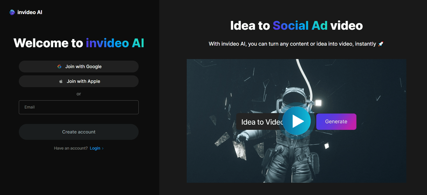 Invideo AI signup page with options to create videos from ideas using AI-powered tools.
