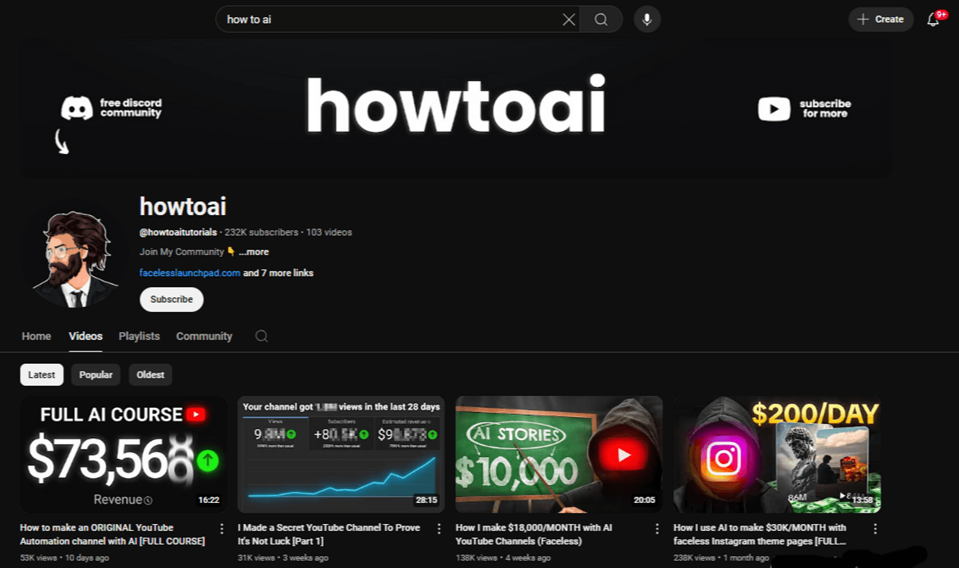 YouTube channel “howtoai” focused on AI tutorials, with 232K subscribers