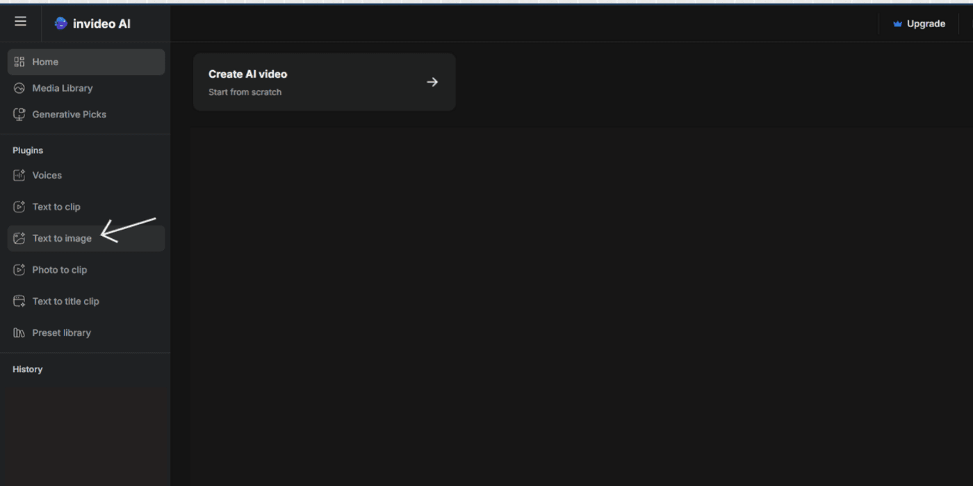 Invideo AI interface showing the ‘Text to Image’ option highlighted in the plugins menu.