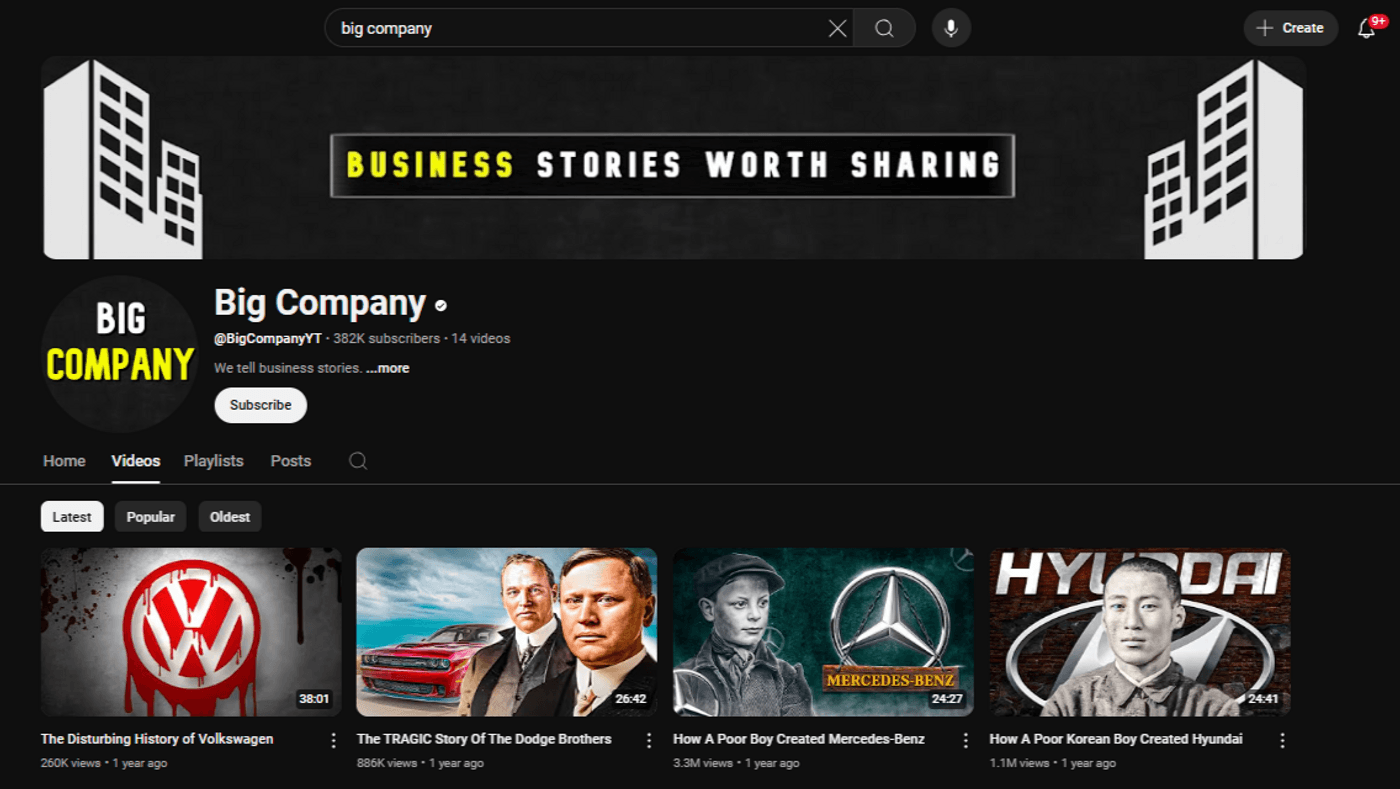 YouTube channel “Big Company” with 382K subscribers, focusing on business stories