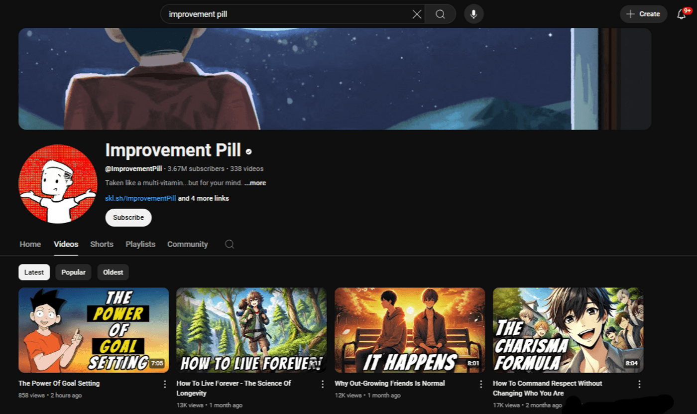 YouTube channel “Improvement Pill” with 3.67 million subscribers, focusing on self-improvement and personal growth topics