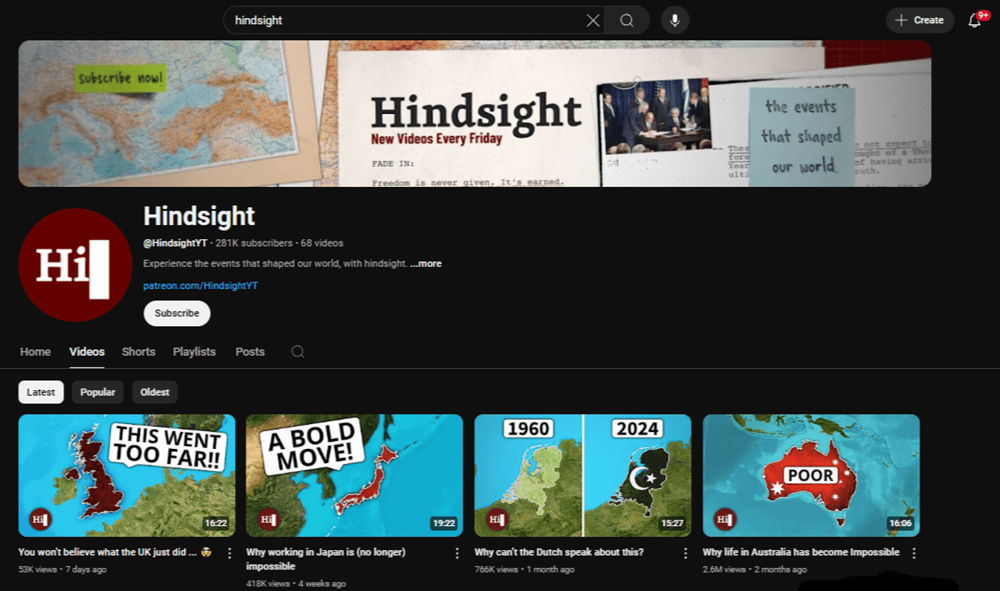 Hindsight” with 281K subscribers, focusing on historical events and the impact they have had on the world.