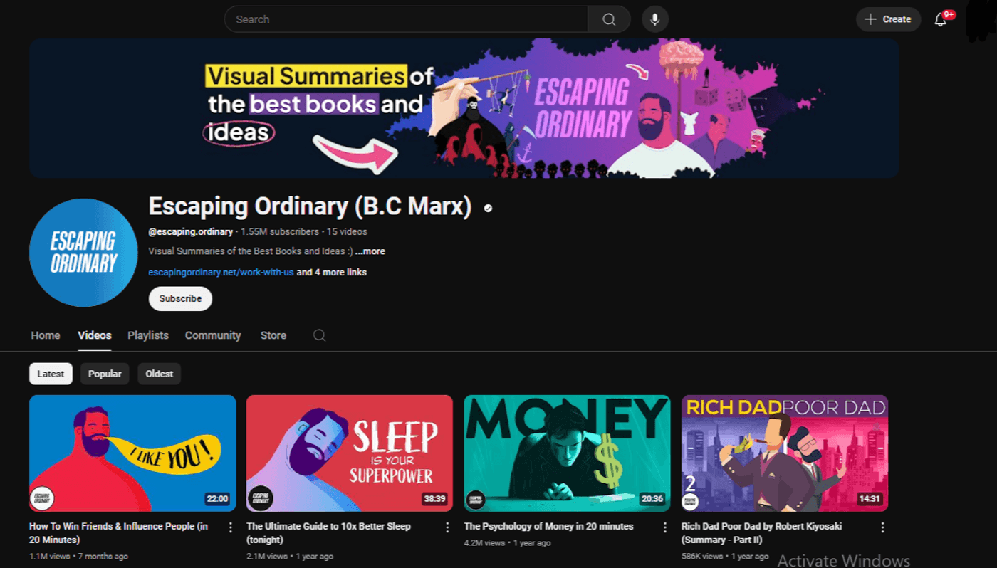 YouTube channel “Escaping Ordinary” provides visual summaries of popular books and ideas for growth.