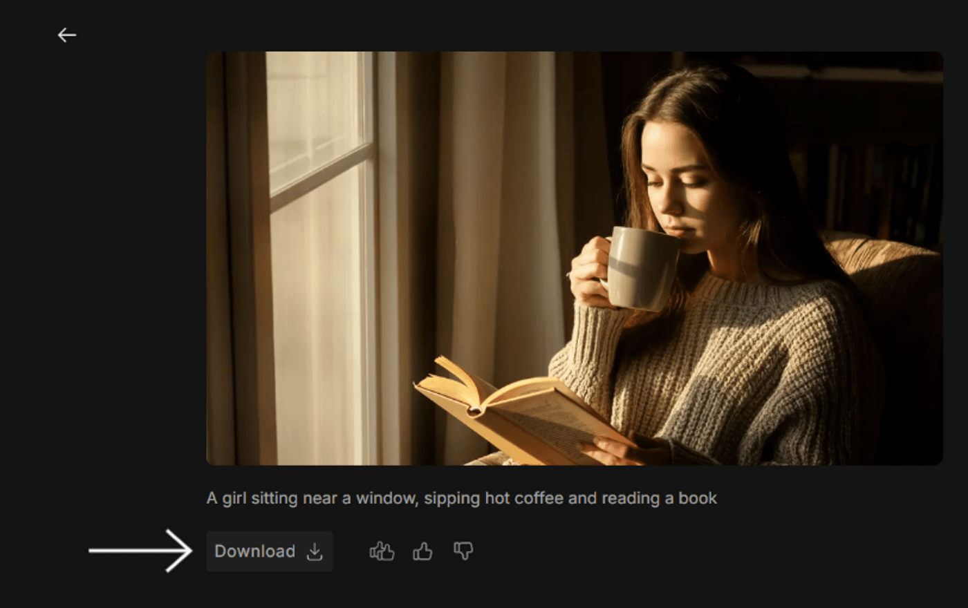 AI-generated image of a girl reading a book and drinking coffee near a window.