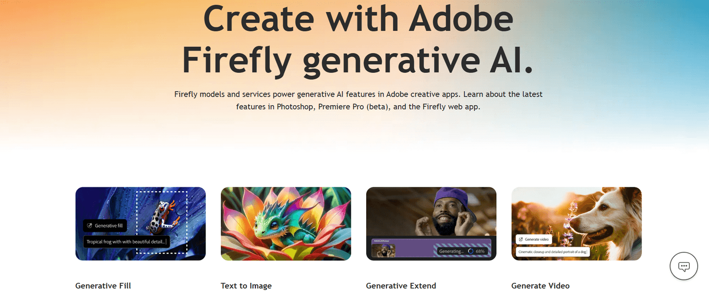 Adobe Firefly generative AI page showcasing features like generative fill, text-to-image, and video generation.