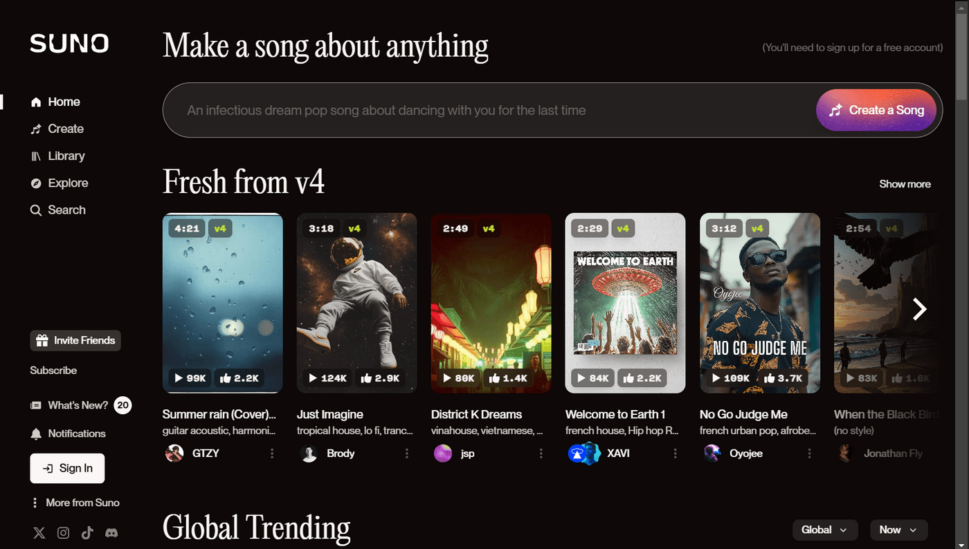 Suno AI: Create songs with text prompts and explore trending tracks.