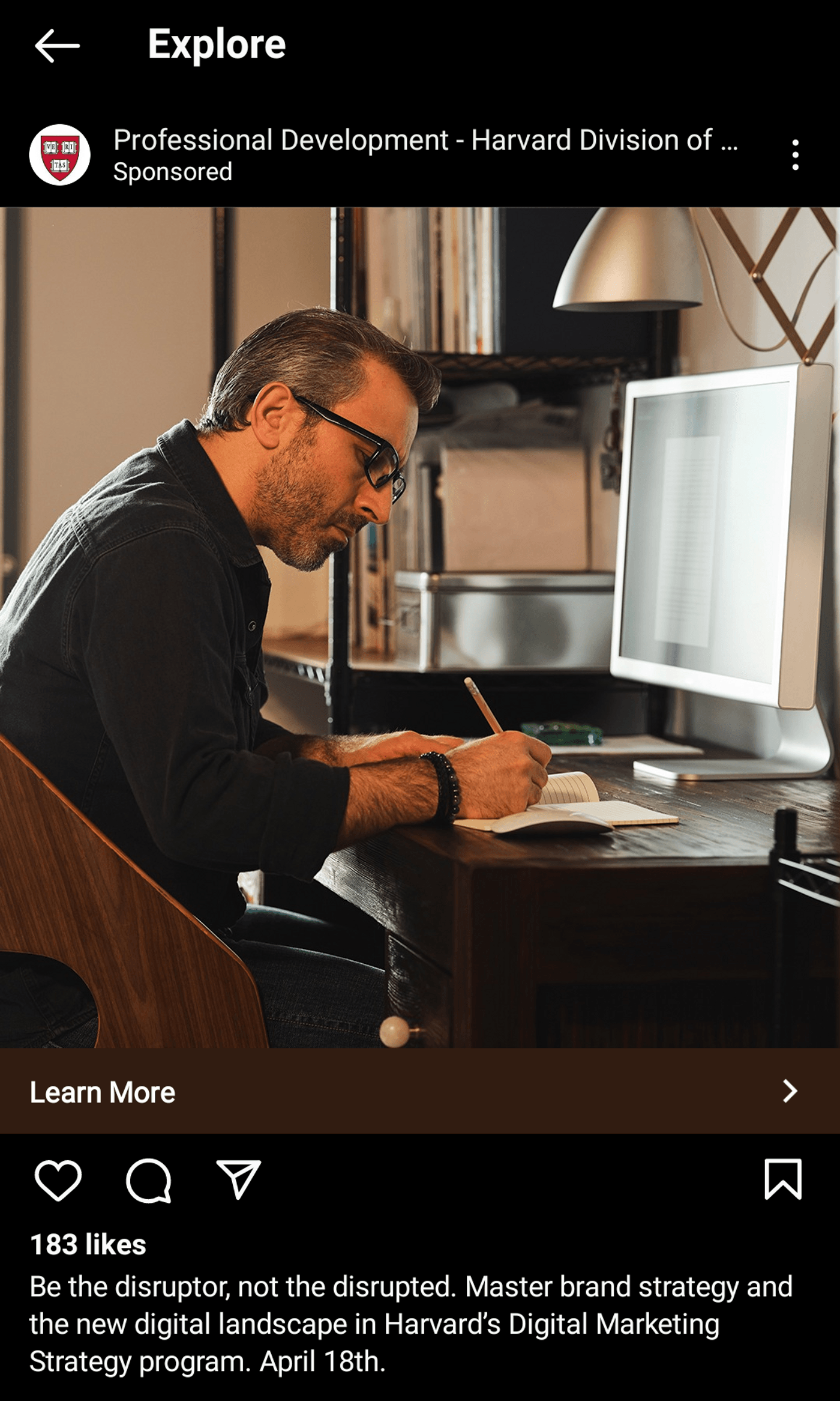 IG explore ad by Harvard featuring information about a new course for professionals