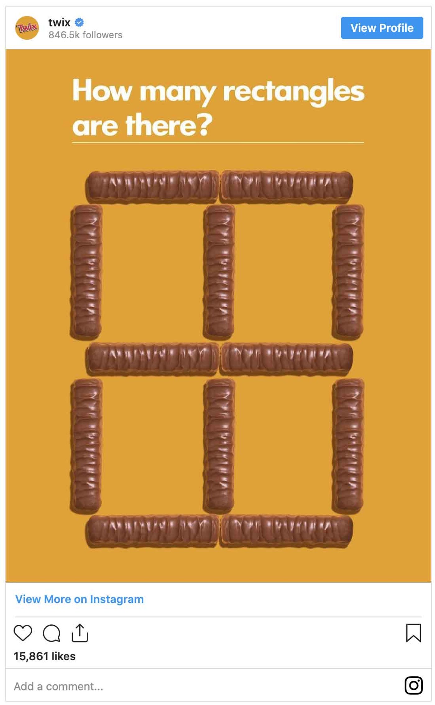 IG post by Twix asking followers to count chocolate bar rectangles on International Puzzle Day