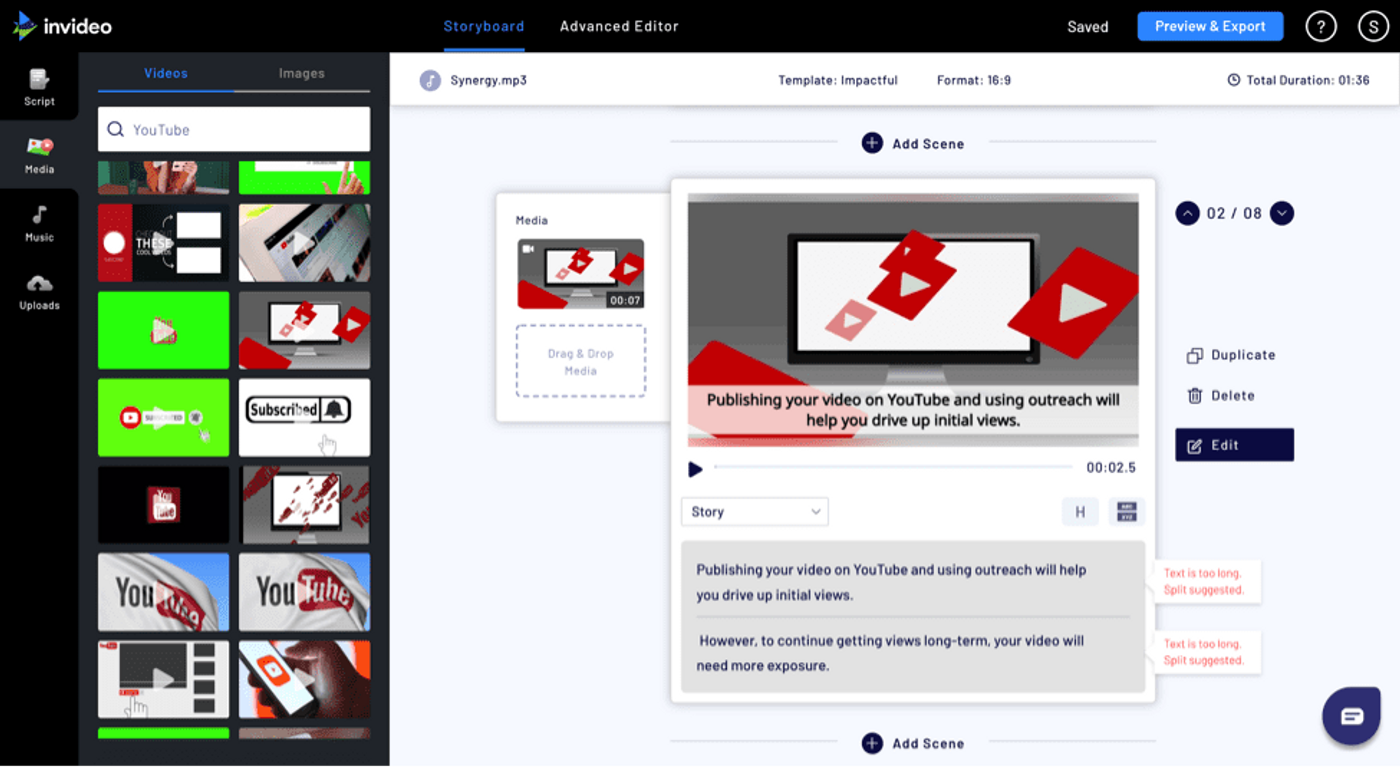 Interface da tela de edição da ferramenta Invideo