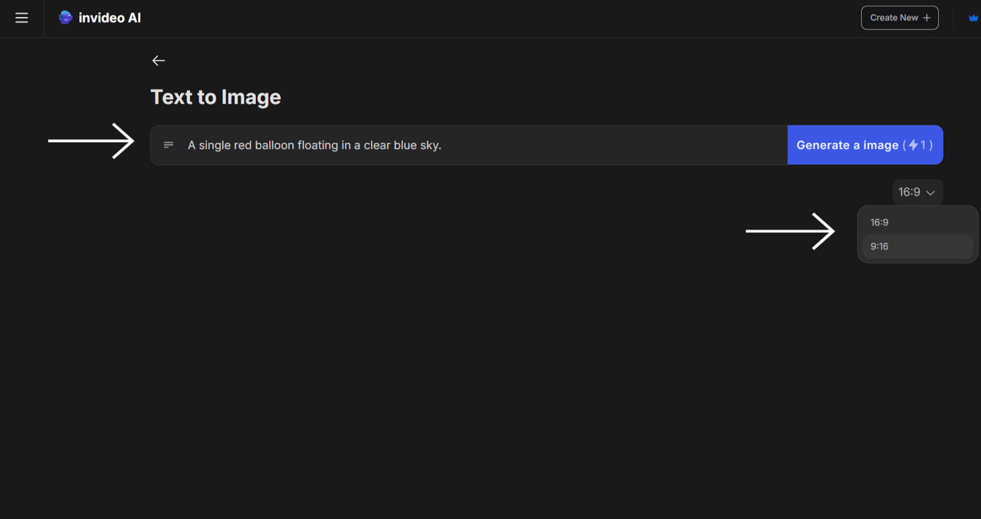 Invideo AI Text to Image tool lets users create visuals with customizable ratios.