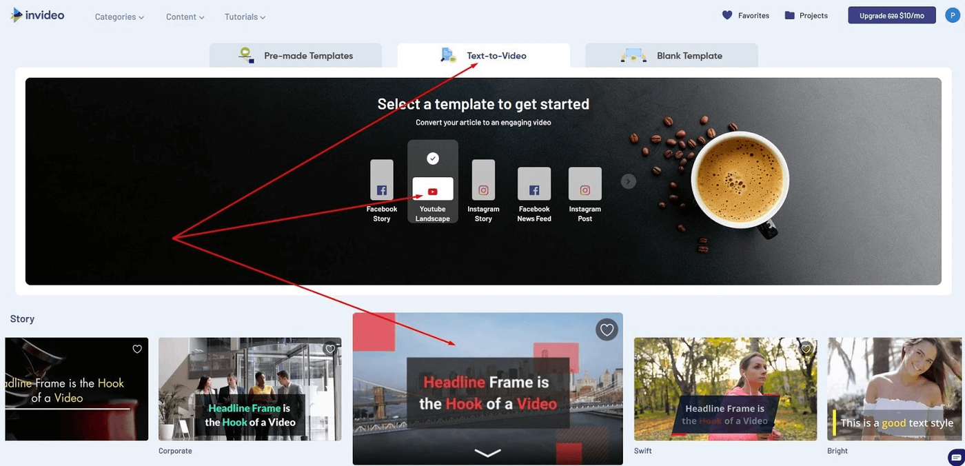Opção Text-to-Video da ferramenta Invideo