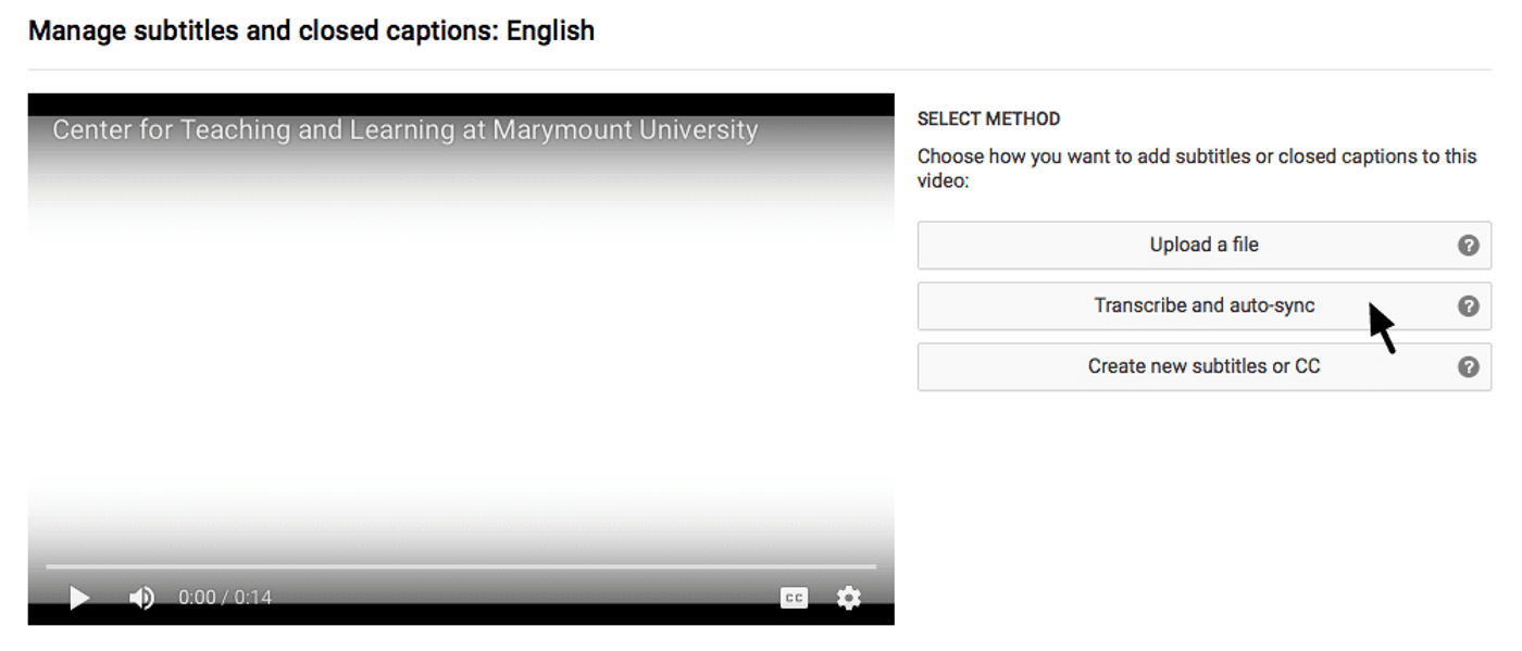 Opcão de Transcribe & Sync no Youtube