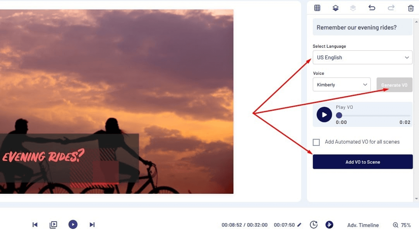 Opção de conversão de texto para discurso de voz da Invideo