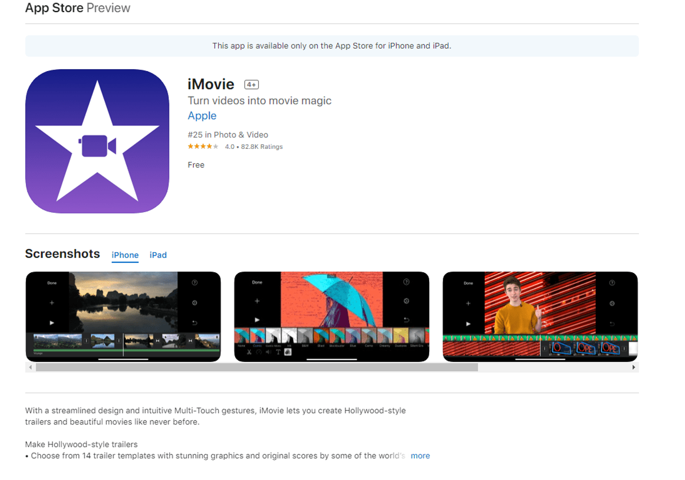Página de la Aplicación iMovie