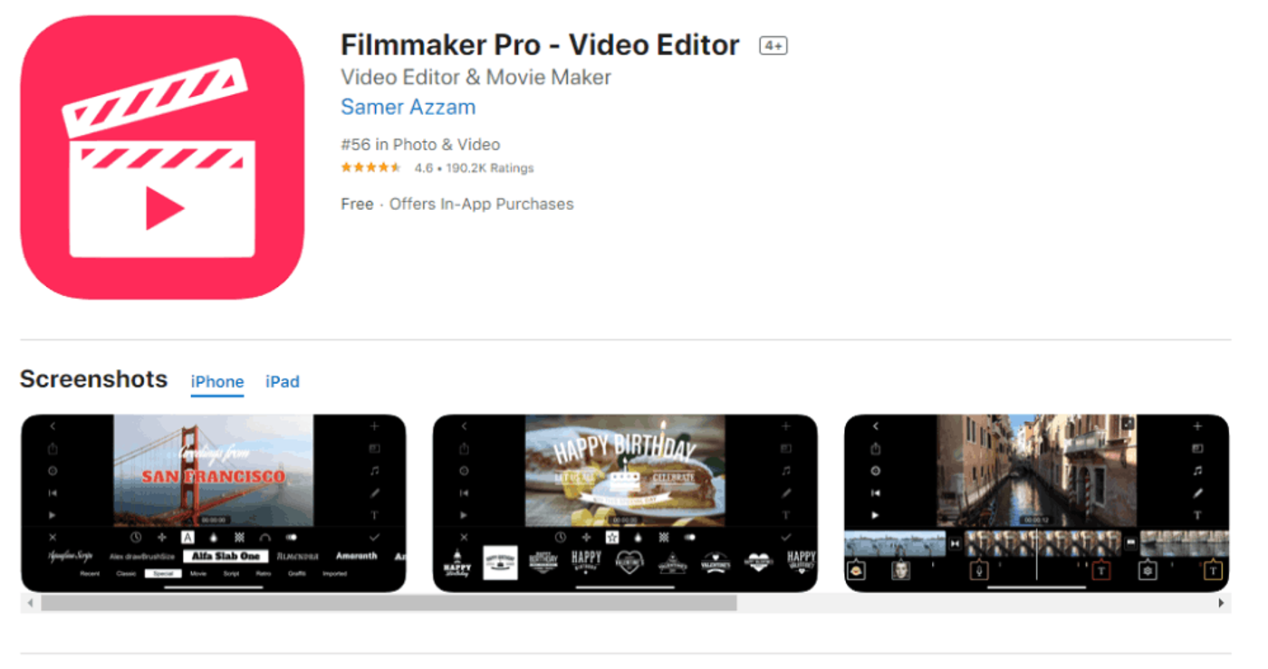 Página de la Aplicación Filmmaker Pro