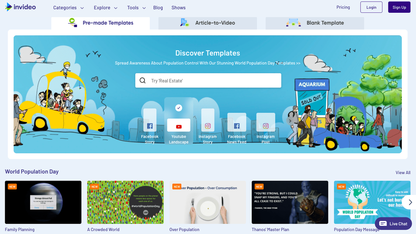 Página de inicio de la plataforma InVideo