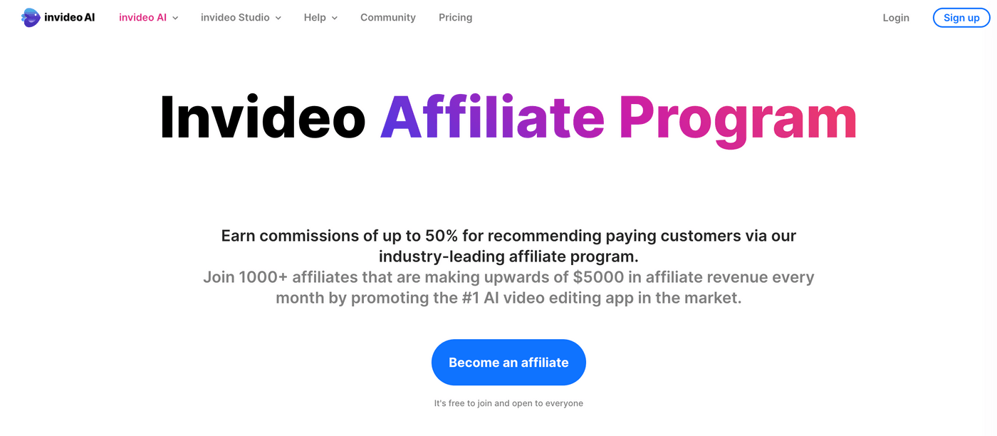 Invideo Affiliate Program page offering up to 50% commission for promoting AI video editing software to users.