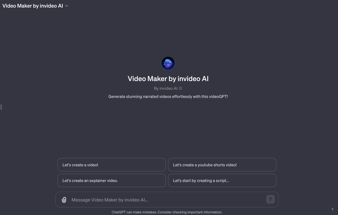 Video Maker by Invideo AI interface to create narrated videos, explainer videos, or YouTube Shorts effortlessly.