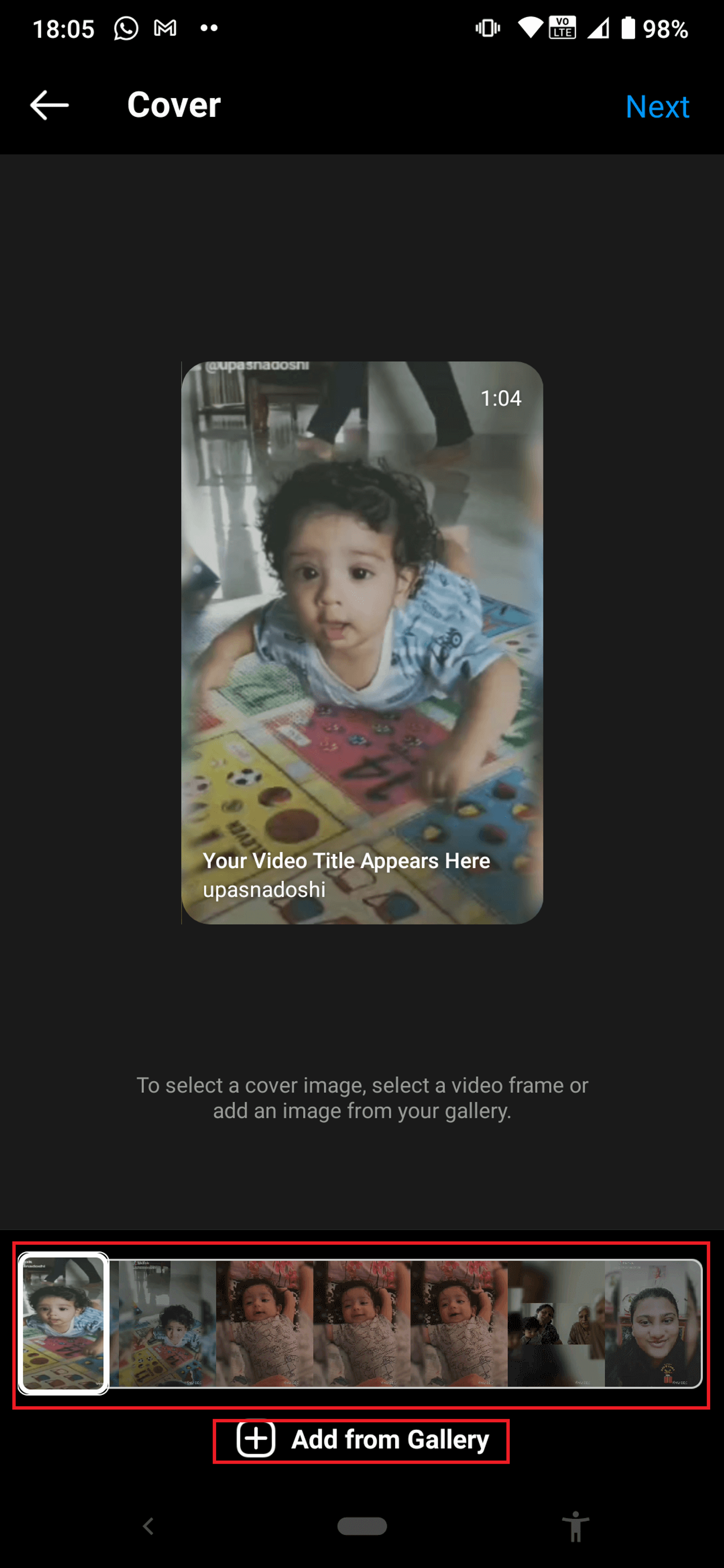 Selecionando uma imagem de capa para o IGTV