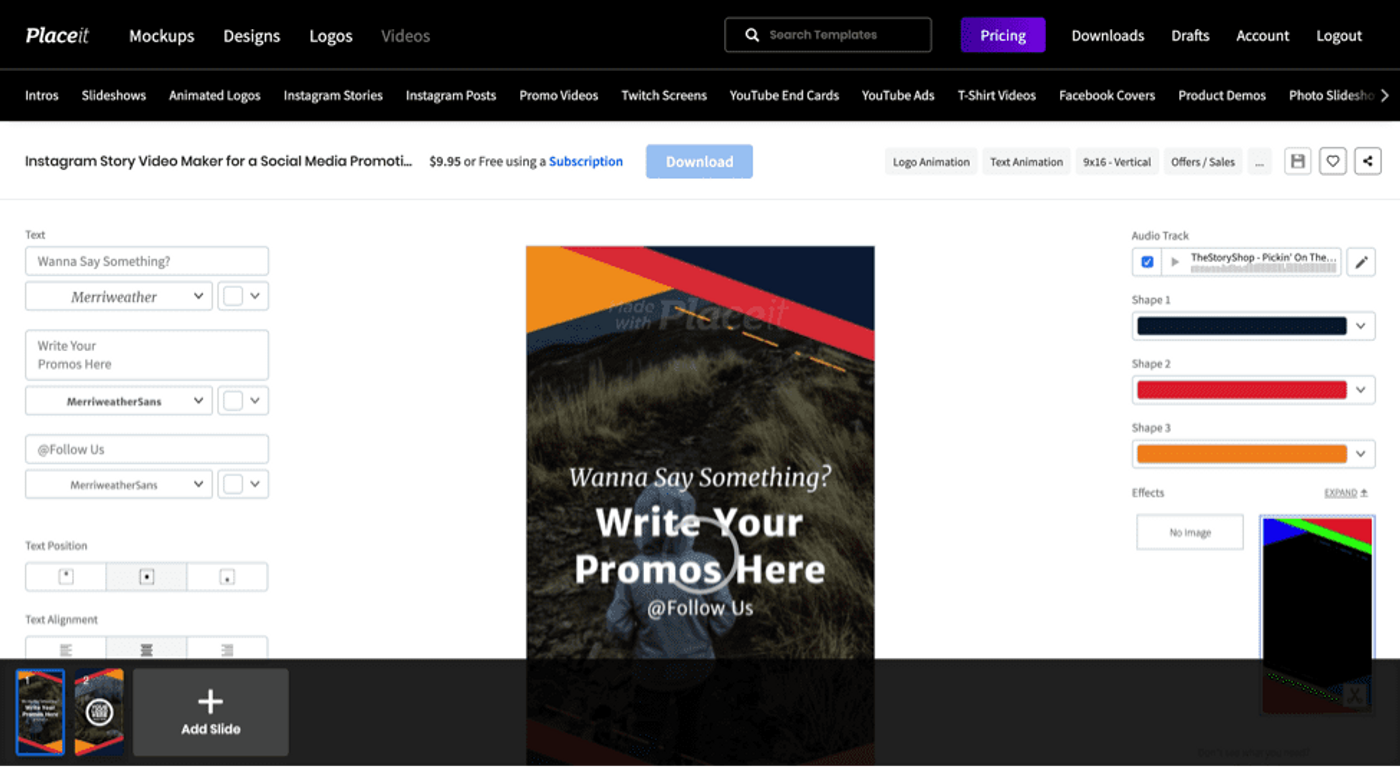 Tela de ferramentas de edição da ferramenta PlaceIt.net