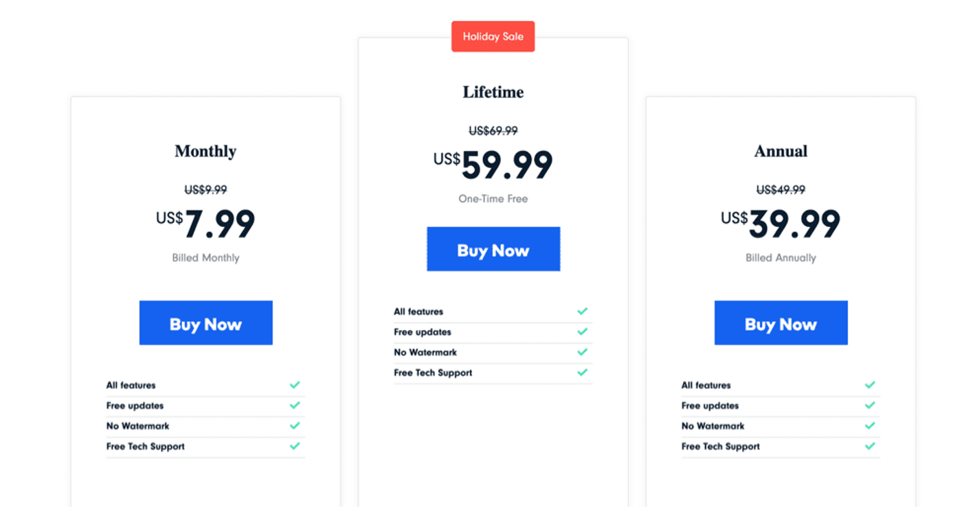 Tela de planos disponíveis da ferramenta Filmora