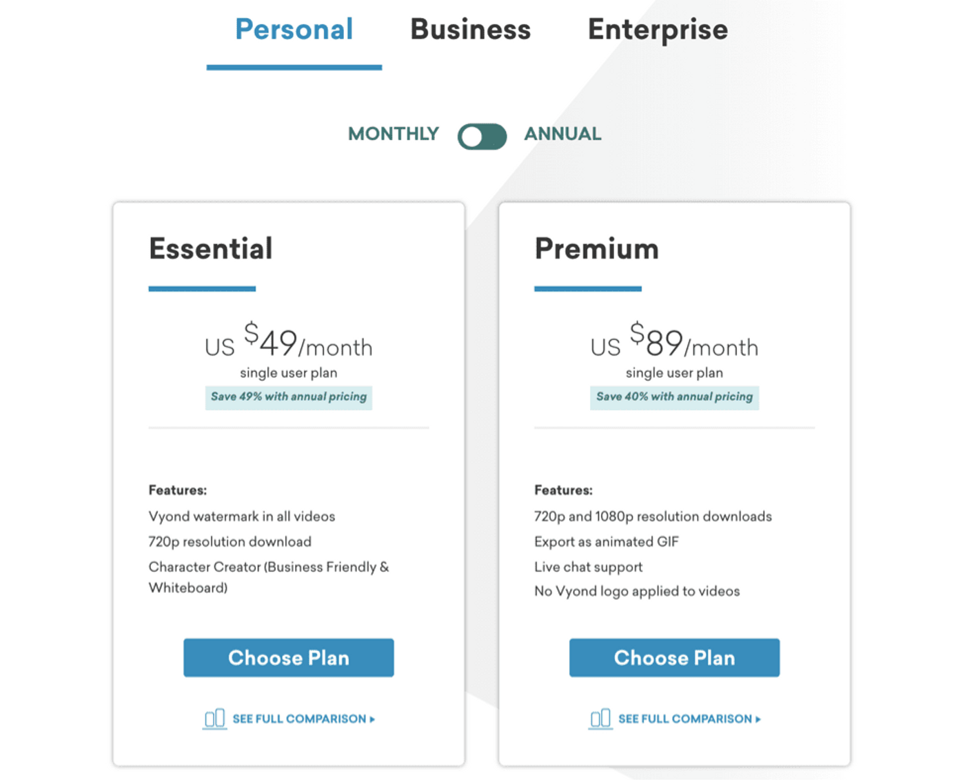Pantalla de planes disponibles de la herramienta Vyond