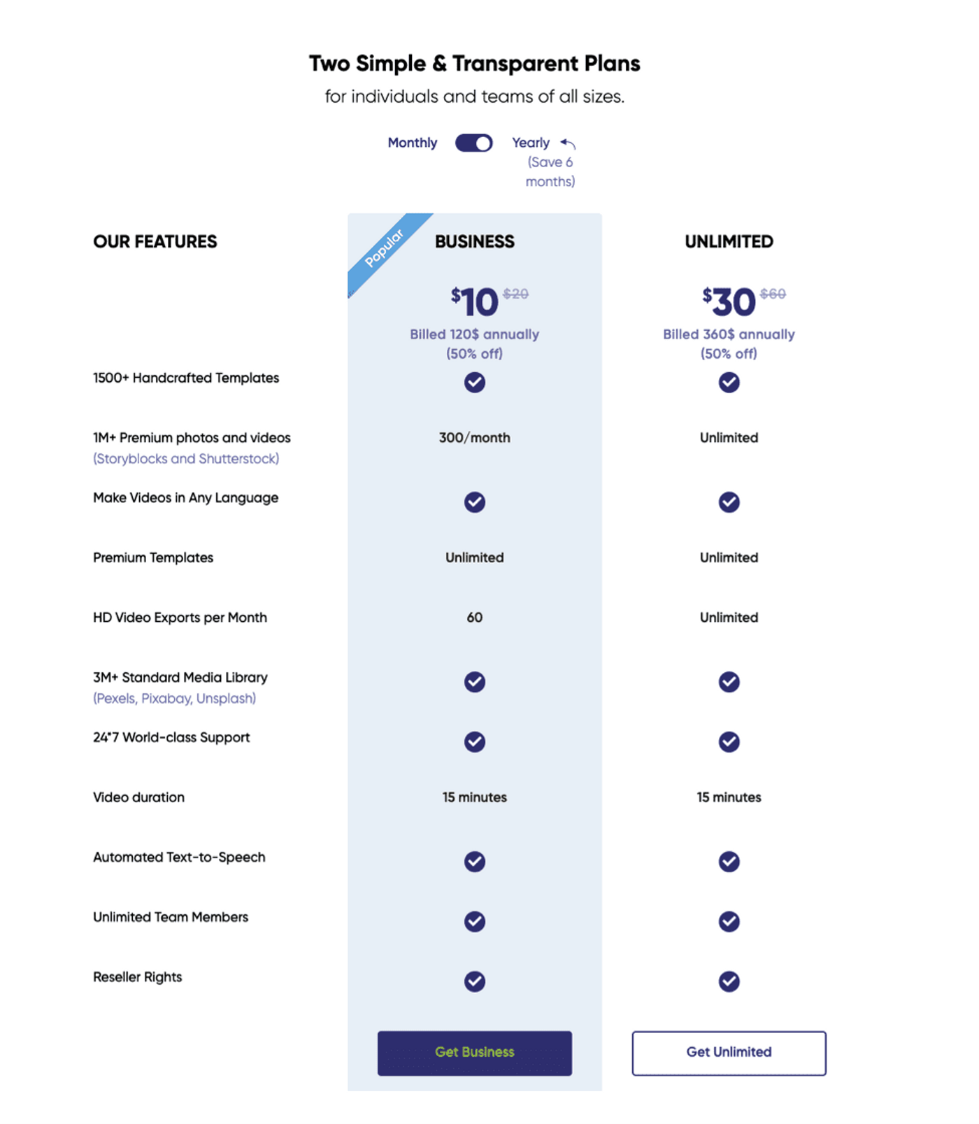 Tela de planos disponíveis da plataforma Invideo