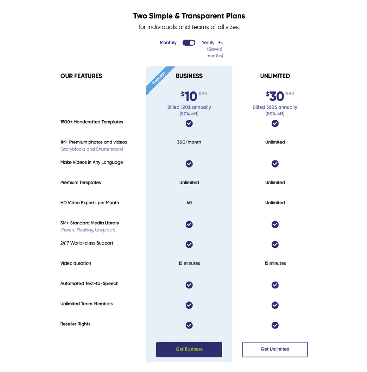 Pantalla de planes disponibles de la plataforma Invideo