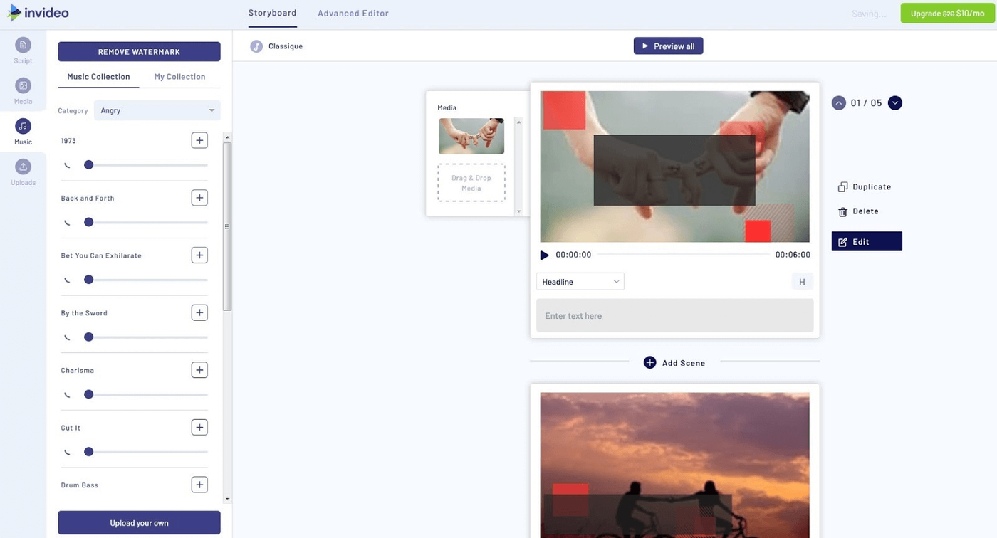 Tela de storyboard da Invideo