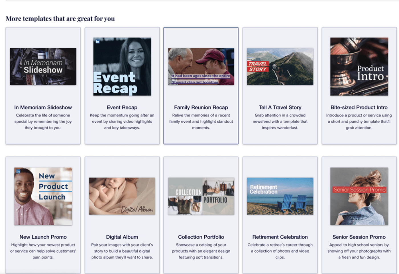 Tela de templates da ferramenta Animoto