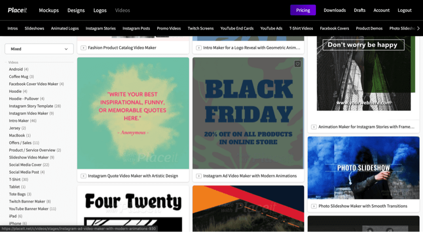 Tela de templates da ferramenta PlaceIt.net