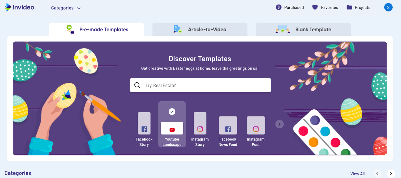Pantalla de templates disponibles de la herramienta Invideo