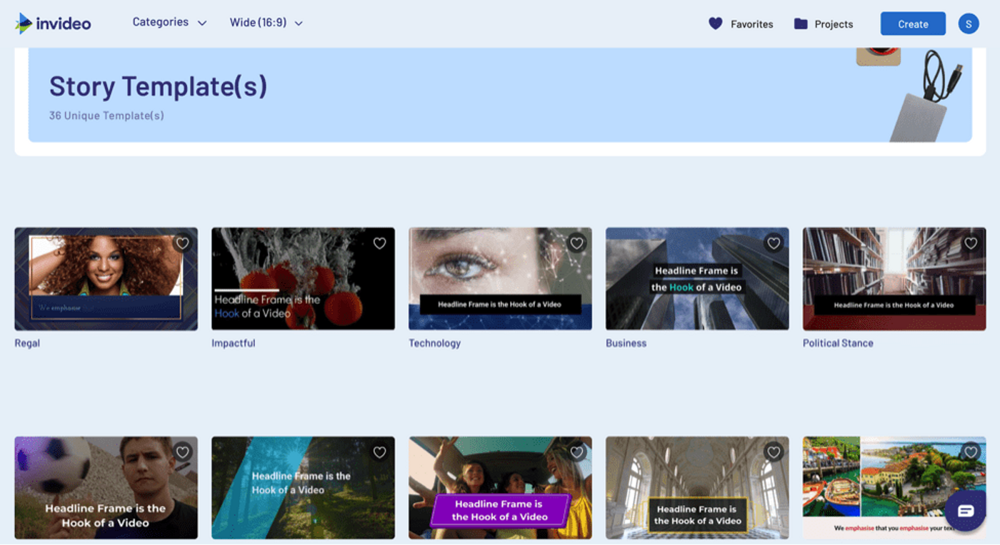 Tela de templates disponíveis da plataforma Invideo