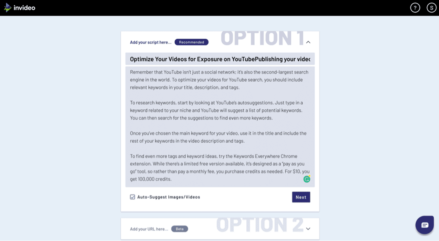 Tela do conversor de documento para vídeo da Invideo