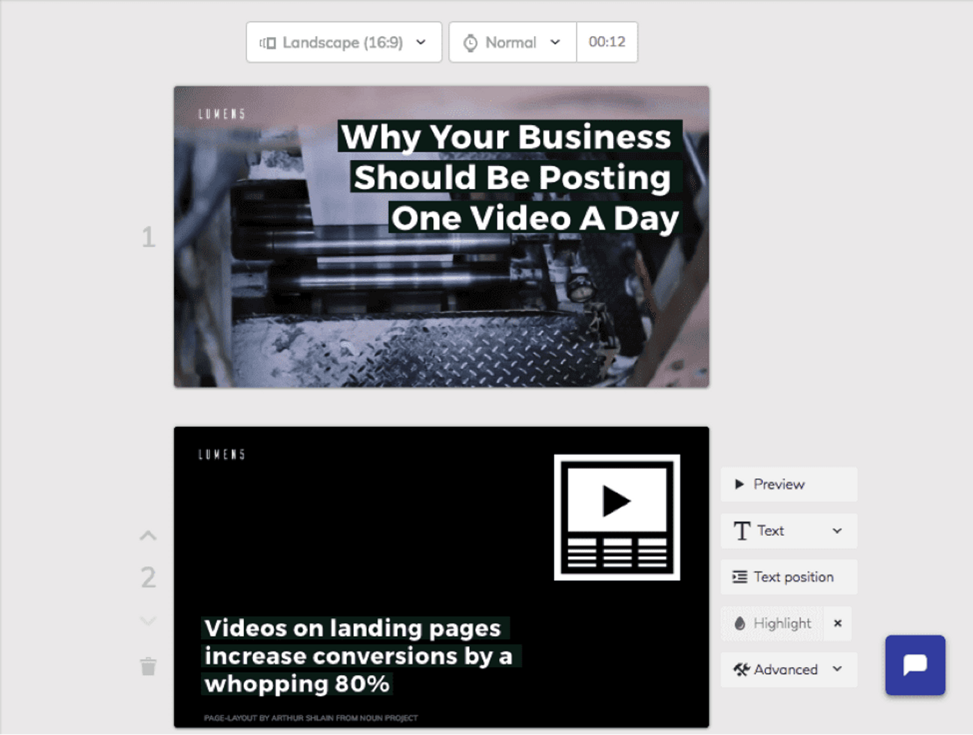 Tela do conversor de documento para vídeo da ferramenta Lumen5