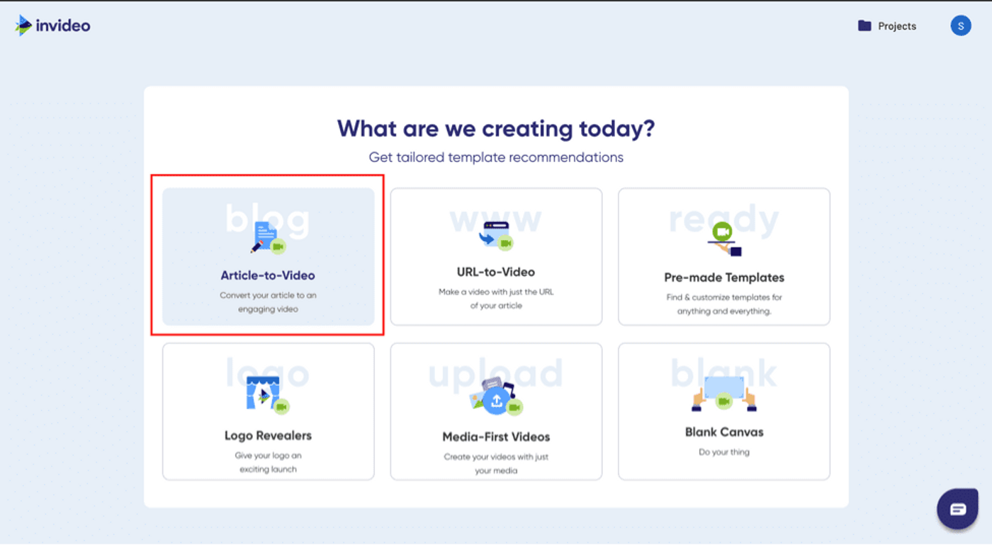 Tela dos tipos de vídeo da Invideo