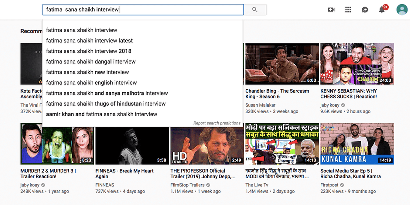 Termos de busca da página do Youtube e sugestões de busca