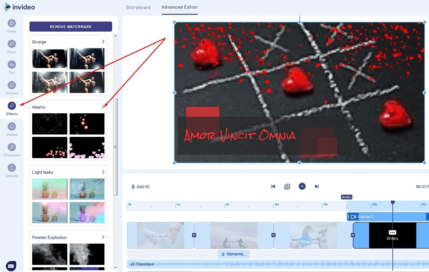 Tipos de efeitos disponíveis na Invideo