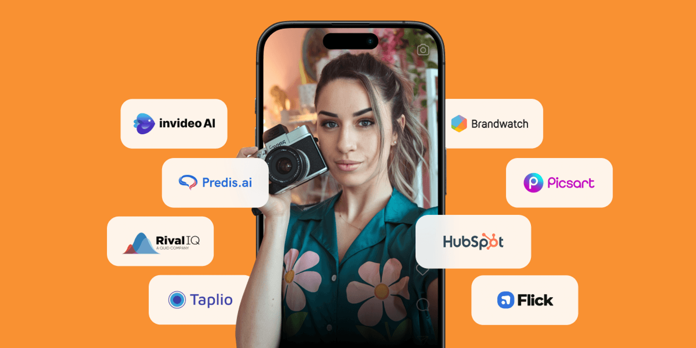Female content creator surrounded by top AI tools like InVideo, HubSpot, Picsart, and more