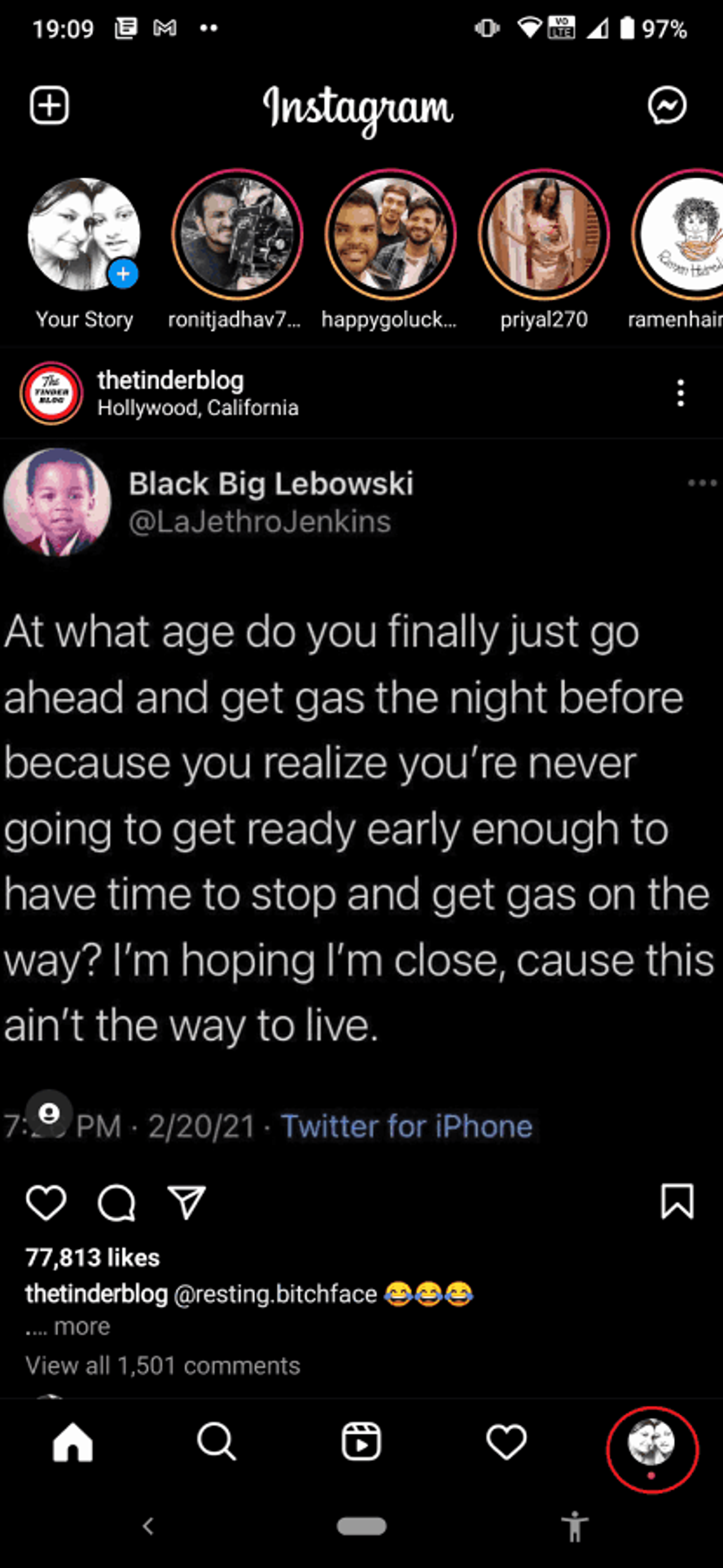   Toque no canto inferior direito da tela e navegue até a página inicial do seu perfil no Instagram