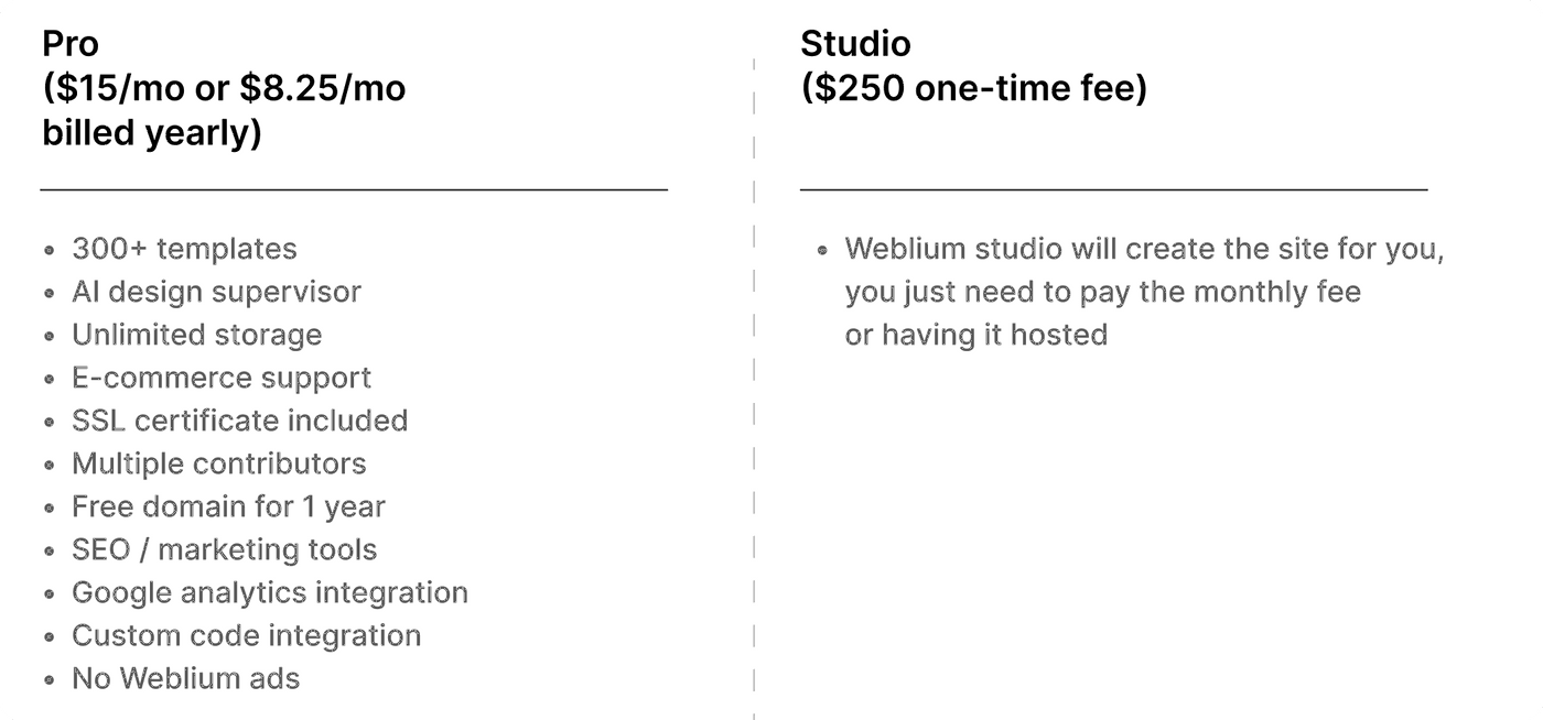 Weblium Pro plan features, studio website creation, hosting options.