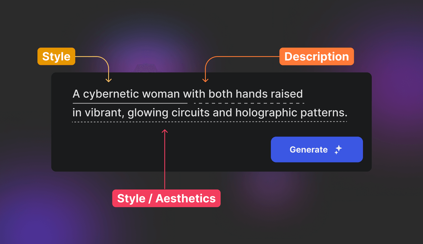 Generate stunning AI visuals featuring a cybernetic woman glowing with vibrant holographic circuits.